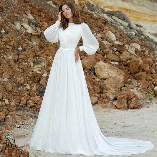 Pluto - Classic Minimalist Chiffon Modest Wedding Dress