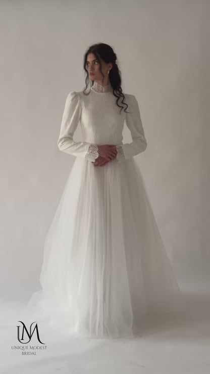 Diamond - Modest Lace and Tulle Long-Sleeve Wedding Dress