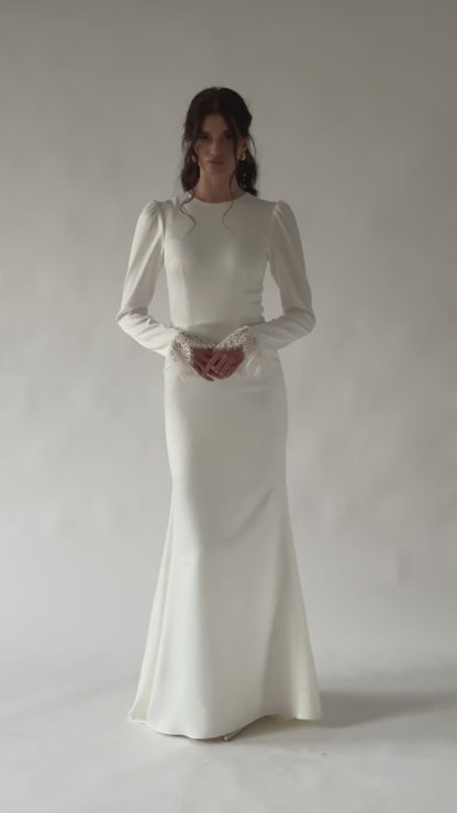 Style - Modest Long-Sleeve Satin Wedding Dress with Lace Cuff Accents
