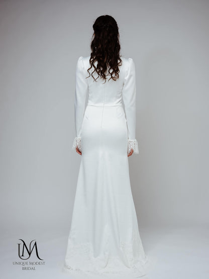 Style - Modest Long-Sleeve Satin Wedding Dress with Lace Cuff Accents
