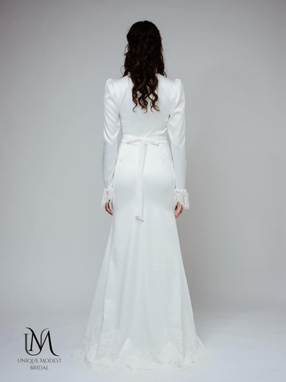 Style - Modest Long-Sleeve Satin Wedding Dress with Lace Cuff Accents