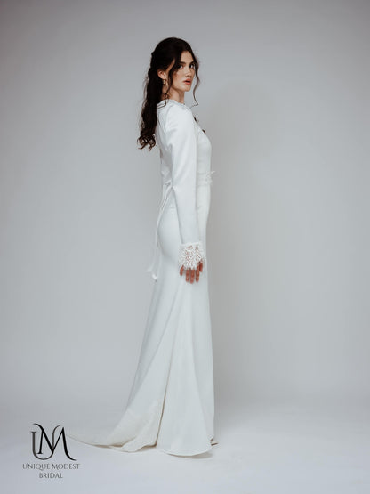 Style - Modest Long-Sleeve Satin Wedding Dress with Lace Cuff Accents