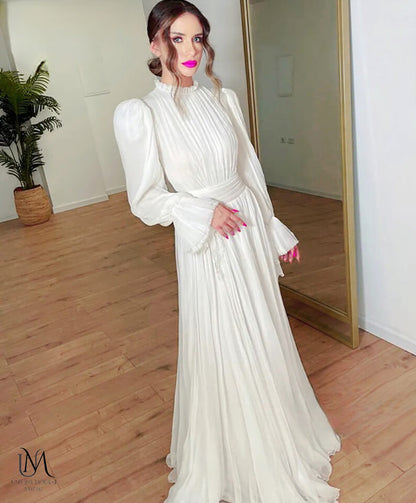 Uranus - Classic Minimalist Chiffon Modest Wedding Dress
