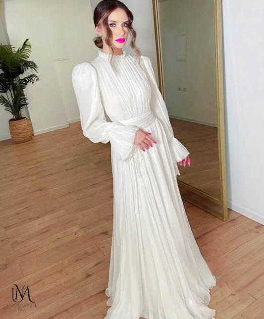 Uranus - Classic Minimalist Chiffon Modest Wedding Dress